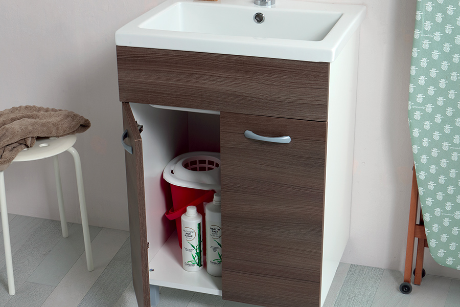 Lavatoio in ceramica con mobile in legno melaminico e asse di lavaggio  Lavarredo Xilon cm 50x50 diverse finiture